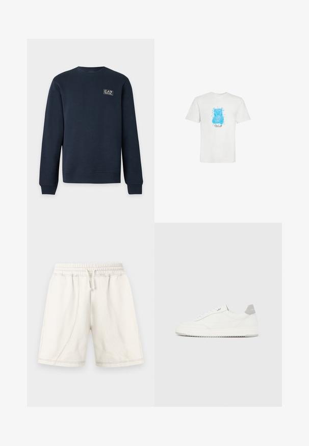 Sweat-shirt bleu marine à manches longues avec col rond, poignets et ourlet côtelés, avec un petit logo EA7 Emporio Armani sur la poitrine gauche.; T-shirt blanc à manches courtes avec un dessin d'ours en peluche bleu et un petit texte noir en cursive sous l'ours au centre devant.; Shorts décontractés écrus avec taille élastique, cordon de serrage et détails de coutures visibles, conçus pour le confort et le port quotidien.; Baskets basses blanches avec un onglet de talon gris, des lacets blancs et une semelle texturée, présentées sur un fond uni clair.