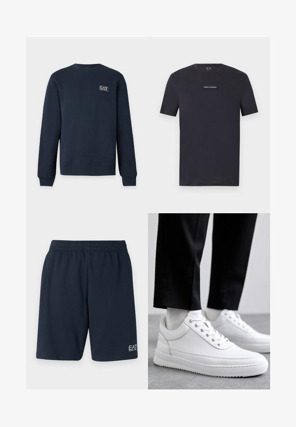 Sudadera azul marino de manga larga con cuello redondo, puños y bajo acanalados, con un pequeño logo EA7 Emporio Armani en el pecho izquierdo.; Camiseta negra de manga corta con cuello redondo y parche centrado con el texto "Armani Exchange" en el pecho.; Pantalones cortos de cintura elástica en azul marino, fabricados en un tejido suave, con bolsillos laterales y un pequeño logo blanco de EA7 en la parte inferior de la pierna izquierda.; Zapatillas de cuero blanco con una suela de goma plana, que presentan un acabado suave, punta redonda y ojetes de metal para los cordones. Llevadas con pantalones negros.
