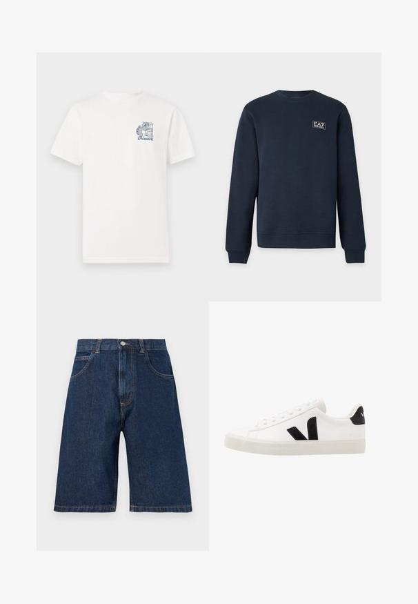 Marineblå langærmet sweatshirt med rund hals og ribkant på ærmer og kant, med et lille EA7 Emporio Armani-logo på venstre bryst.; Hvid t-shirt med korte ærmer lavet af bomuld, med et blåt grafisk motiv på brystet af en vaskebjørn ved siden af en skraldespand og teksten "STANCE."; Mørkeblå denimshorts med forlommer, bæltestropper og knaplukning i taljen.; Hvide lædersneakers med sorte ruskindsdetaljer; har en gummisål, rund tå og klassisk snørebåndsdesign. Side logo i sort.