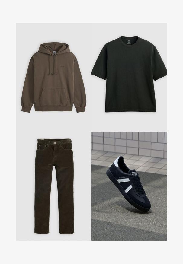 Brauner Kapuzenpullover mit vorderer Kängurutasche und Kordelzug, mit dezentem Levi's-Logo auf der Brust sowie gerippten Bündchen und Saum.; Schwarzes T-Shirt mit kurzen Ärmeln und Rundhalsausschnitt, locker geschnitten, auf hellem grauem Hintergrund flach liegend präsentiert.; Braune Cordhosen mit geradem Bein, fünf Taschen, sichtbaren Nähten und einer strukturierten Stoffoberfläche. Metallknopfverschluss hinten.; Schwarze Leder-Sneaker mit weißen Streifen, strukturiertem Gummisohle und Schnürung. Verfügt über ein Markenetikett auf der Zunge.