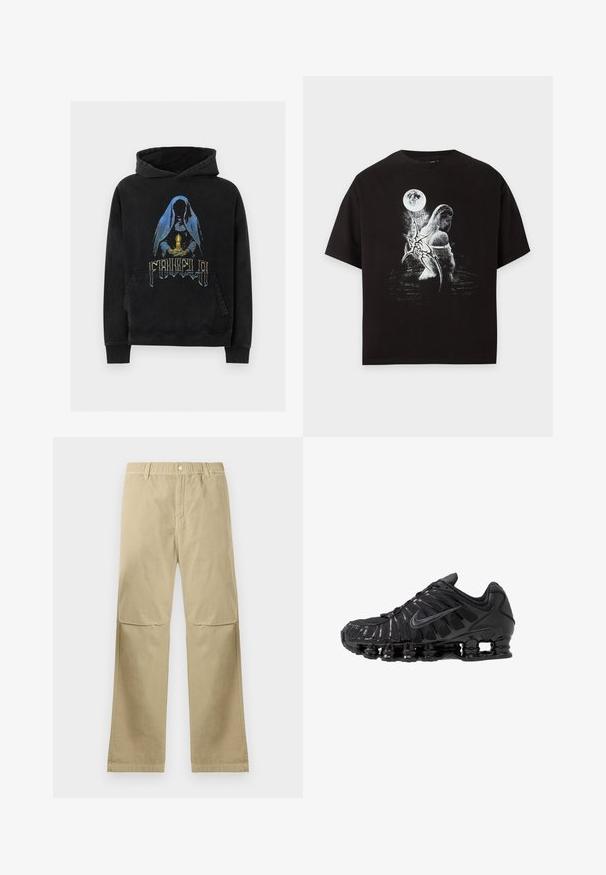 Sudadera negra con capucha con una imagen de una figura con capucha sosteniendo una vela luminosa y texto estilizado debajo de la figura en la parte delantera.; Camiseta negra con gráfica blanca de una mujer con cabello largo, alas de murciélago y una luna llena al fondo.; Pantalones rectos beige con cierre de botón a presión, lazos para cinturón y detalles en la costura de la rodilla, dispuestos sobre un fondo blanco.; Zapatillas deportivas negras fabricadas con malla y materiales sintéticos, con un diseño ondulado distintivo, suela de goma negra y detalles reflectantes.