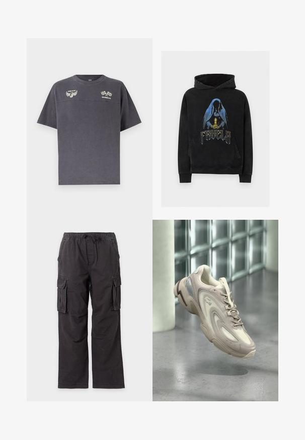Sweat à capuche noir avec un graphique représentant une silhouette encapuchonnée tenant une bougie lumineuse et un texte stylisé sous la silhouette à l'avant.; T-shirt gris foncé à manches courtes avec col rond, présentant des logos de pneu ailé et de drapeaux à damier croisés avec le texte "COMIN' IN HOT" et "LEVI STRAUSS & CO.".; Pantalon cargo noir avec taille élastique, cordon de serrage et plusieurs poches latérales.; Baskets beige clair dotées d'un design élégant avec des superpositions texturées, une semelle rembourrée et une section translucide sur le côté.
