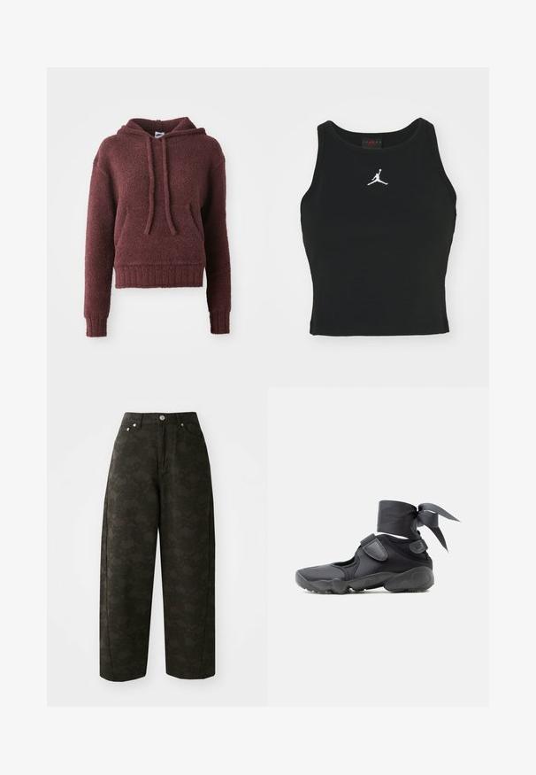 Burgunderfarbener Pullover-Hoodie aus weichem, strukturiertem Stoff, mit einer vorderen Kängurutasche, einer Kapuze mit Kordelzug sowie geripptem Saum und Bündchen.; Schwarzes, figurbetontes Tanktop aus Baumwolle, mit rundem Halsausschnitt und einem weißen Jordan-Logo, das in der Mitte auf der Vorderseite gestickt ist. Glatte Textur.; Dunkelgrüne weit geschnittene Hosen verfügen über ein strukturiertes Blumenmuster, ein Fünf-Taschen-Design und Metallknopfverschlüsse an der Taille.; Schwarzer Sportschuh mit Aussparungen, Klettverschlüssen und einer um den Knöchel gebundenen Schleife, von der Seite auf weißem Hintergrund gezeigt.