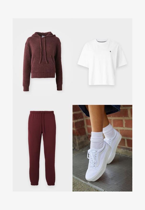 Haut de survêtement bordeaux en tissu doux et texturé, avec une poche kangourou à l'avant, un capuchon avec cordon de serrage, et un ourlet et des poignets côtelés.; T-shirt en coton blanc, design court, manches courtes, col rond, avec un petit logo noir sur la poitrine gauche.; Pantalons de jogging bourgogne avec taille élastique, cordon de serrage, poches latérales et poignets élastiques sur un fond blanc uni.; Baskets en toile blanches avec semelles en caoutchouc, dotées de six œillets, d'un bout rond et de détails de couture légers, portées avec des chaussettes blanches mi-mollet.
