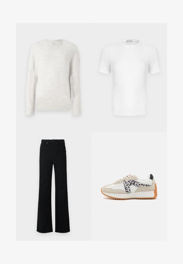 Lys grå v-hals sweater i blødt, tekstureret stof. Har ribbekantede ærmer og kant, med en afslappet pasform og lange ærmer.; Hvid ribstrikket T-shirt med korte ærmer, rund hals og tætsiddende pasform samt en lille mærkeetiket inde i kraven.; Sorte højtaljede jeans med subtilt leopardmønster, lige brede ben, frontknap og lommer.; Beige og hvid sneaker med et leopardtryk-panel, tekstureret ruskind og gummisål med riller for greb. Snørebånd og polstret krave inkluderet.