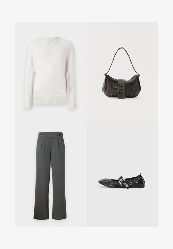 Lys grå v-hals sweater i blødt, tekstureret stof. Har ribbekantede ærmer og kant, med en afslappet pasform og lange ærmer.; Grå brede bukser lavet af struktureret stof, med høj talje, frontfolder og to knapper i taljen.; Sorte læder flade sko med spids tå, samling detaljer omkring åbningen, og en sølv spænde accent på den justerbare rem.; Sort læder skuldertaske med spænde på remmen, afrundede kanter og kontrasterende hvide syninger på en ensfarvet baggrund.