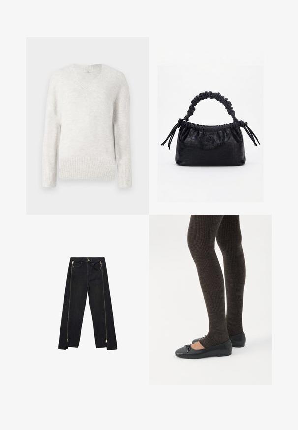 Lys grå v-hals sweater i blødt, tekstureret stof. Har ribbekantede ærmer og kant, med en afslappet pasform og lange ærmer.; Sorte denimjeans med lige ben-design, der har guld lynlåse langs siderne og almindelige lommer ved taljen.; Ben iført mørke ribbede leggings kombineret med sorte balletsko med små sløjfedetaljer på hvid baggrund.; Sort taske med krokodilletekstur, rynket øverste kant, samlet hank og snore med kvaster på hver side mod en hvid baggrund.