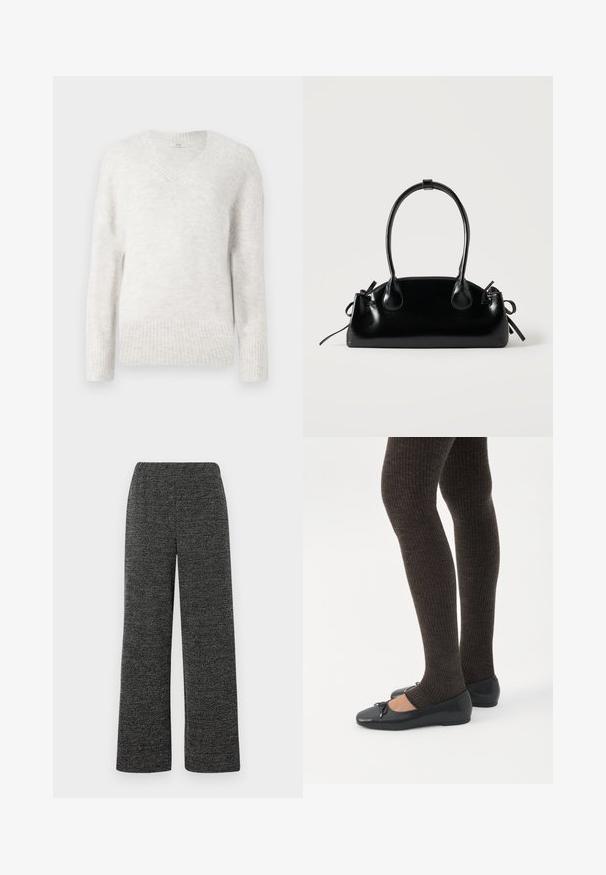 Pull à col en V gris clair en tissu doux et texturé. Présente des poignets et un ourlet côtelés, avec une coupe décontractée et des manches longues.; Pantalons à jambes larges en tissu texturé noir et gris, dotés d'une taille élastique pour plus de confort. Pas de poches ni de fermetures visibles.; Jambes portant des leggings côtelés foncés associés à des ballerines noires avec de petits détails en nœud sur fond blanc.; Petit sac à main noir brillant avec deux longues anses et des détails à cordon sur les côtés sur un fond clair uni.