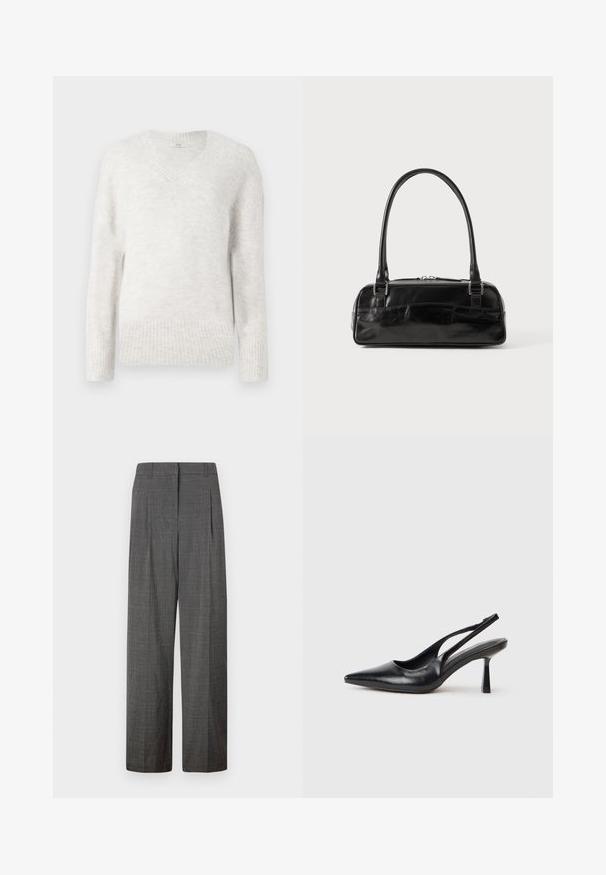 Suéter de pico en gris claro, hecho de un tejido suave y texturizado. Presenta puños y dobladillo de canalé, con un corte relajado y mangas largas.; Vero Moda VMSIKITA WIDE DAD PANT - Pantalones - medium grey/black; Zapato de tacón alto negro de cuero con puntera afilada y tacón delgado sobre un fondo blanco.; Bolso de mano de cuero negro con forma rectangular, equipado con un asa estructurada, herrajes en plata y cierre de cremallera. Textura suave.