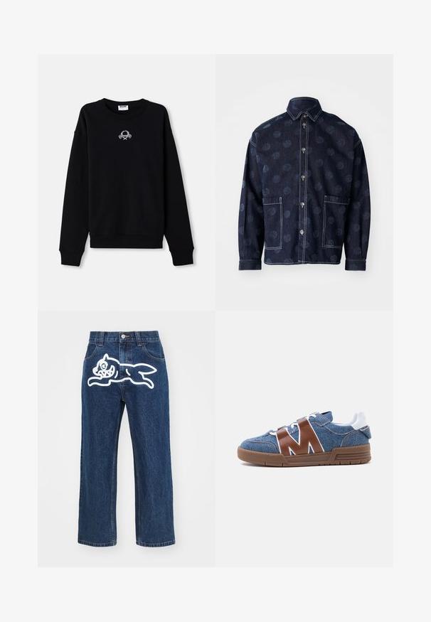 Zwarte sweatshirt gemaakt van zachte stof, met een ronde halslijn en lange mouwen. Het heeft een geborduurd ontwerp in het midden.; Henrik Vibskov BIG - Overhemd - dark blue; Donkerblauwe wijde jeans met een grote witte cartoonhond graphic op de achterzak. Denimtextuur, traditionele vijf-pocket ontwerp.; Blauwe denim sneaker met bruine lederen M-vormige bandjes, witte veters, witte hieltab en bruine rubberen zool, gezien vanaf de zijkant.
