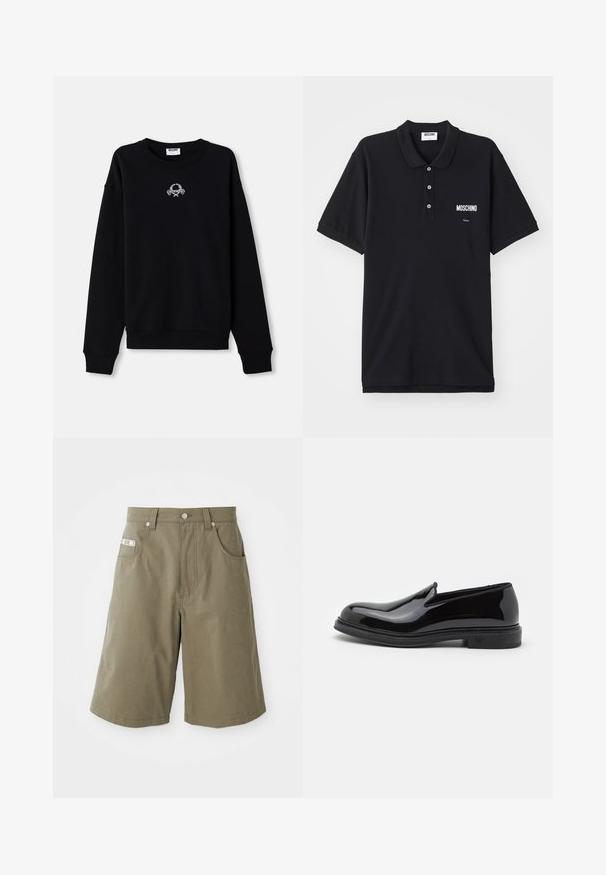 Schwarzer Pullover aus weichem Material, mit Rundhalsausschnitt und langen Ärmeln. Er hat ein gesticktes Design in der Mitte.; Schwarzes Poloshirt aus Baumwolle, mit klassischem Kragen, drei Knöpfen und einem weißen Moschino-Logo auf der linken Brustseite.; MOSCHINO TAPE - Shorts - green; Schwarzer Lackleder-Slipper mit runder Zehenpartie, verfügt über eine strukturierte Sohle und dezentes Branding an der Ferse. Glatte Oberflächenstruktur.