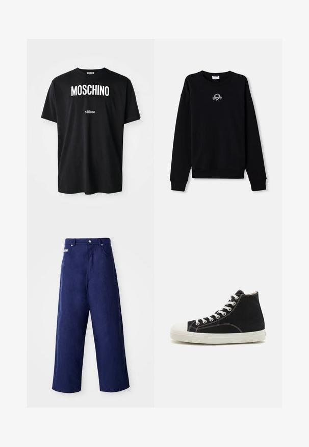 Schwarzer Pullover aus weichem Material, mit Rundhalsausschnitt und langen Ärmeln. Er hat ein gesticktes Design in der Mitte.; Schwarzes Baumwoll-T-Shirt mit rundem Halsausschnitt. Mit fettem weißen Text: "MOSCHINO" oben und "Milano" unten. Einfaches, klassisches Design.; Weite Hosen in Marineblau, aus weichem Stoff gefertigt. Mit einem Knopfverschluss und Fronttaschen, in einem klaren Finish ohne sichtbare Muster.; Schwarze High-Top-Sneaker aus Canvas mit weißer Gummisohle und Zehenkappe. Mit weißen Schnürsenkeln und kontrastierenden Nahtdetails.