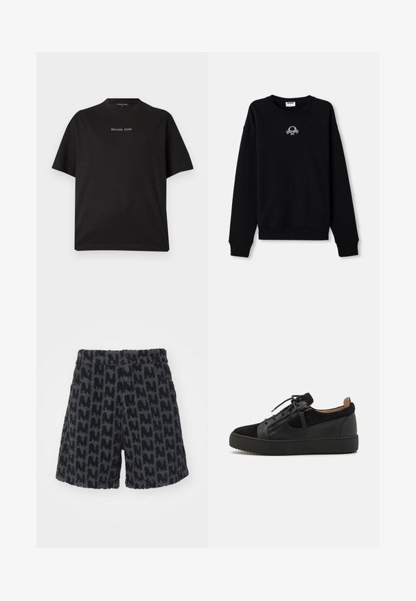 Sort sweatshirt lavet af blødt stof, med rund halsudskæring og lange ærmer. Den har et broderet design i midten.; Sort t-shirt med korte ærmer og rund hals med "MICHAEL KORS"-logo centreret i lille guldtekst på brystet.; Bløde sorte og grå shorts med et tekstureret mønster, der ligner bogstavet "M." Shortsene har en talje med en knap og sidelommer.; Giuseppe Zanotti DOUBLE ZIP - Sneakers - black