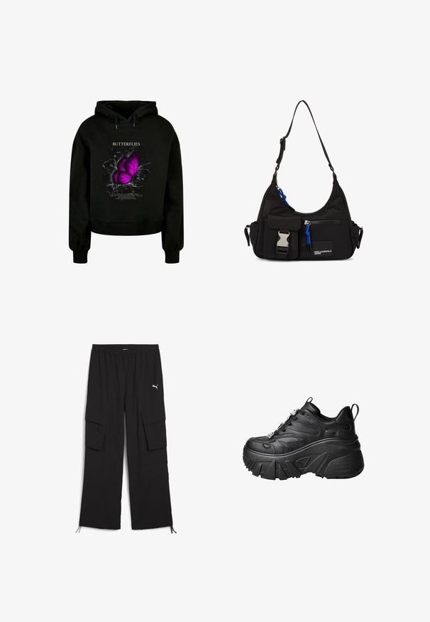 Sort cropped hoodie med et stort grafisk motiv af en lilla sommerfugl og hvid tekst med et citat. Blødt stof, ribbede manschetter og kantdetaljer.; Svarte cargo-bukser med bred ben-design, elastisk talje, to sidelommer og snoretræk ved kanten. Har et lille hvidt logo.; Sorte plateau sneakers med en buet form, tekstureret læder, tyk gummisål og dekorativ hardware på snørerne.; Sort nylon skuldertaske med en buet form, justerbar strop, for- lomme med klap, blå detaljer og logo.