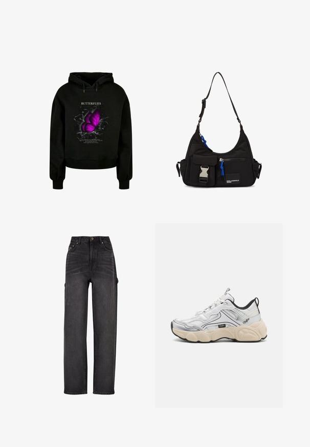 Sort cropped hoodie med et stort grafisk motiv af en lilla sommerfugl og hvid tekst med et citat. Blødt stof, ribbede manschetter og kantdetaljer.; Højtaljede cargo jeans i sort denim med vid ben-design, sidelommer og subtile falmning detaljer. Holdbart stof og kontraststik.; Hvid sportsko med mesh- og syntetiske paneler, sølvdetaljer, chunky creme farvet sål og kontrasterende sorte detaljer. Har snøresystem.; Sort nylon skuldertaske med en buet form, justerbar strop, for- lomme med klap, blå detaljer og logo.