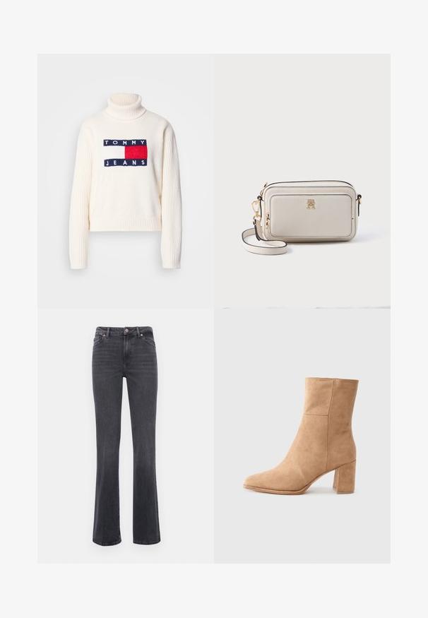 Kremfarvet rullekravepullover med ribbet struktur, der har en marineblå og rød "TOMMY JEANS"-logo og et boksdesign på forsiden.; Grå flagrende jeans lavet af denim med let falmning. Har en knaplukning, fem lommer og synlige sømme langs sømmene.; Beige ruskinds ankelstøvle med spids tå, blokhæl og glat tekstur. Har minimal syning for et rent design.; Beige læder crossbody taske med guldfarvet hardware, sorte accenter, en frontlomme og en justerbar rem. Rektangulær form og struktureret overflade.