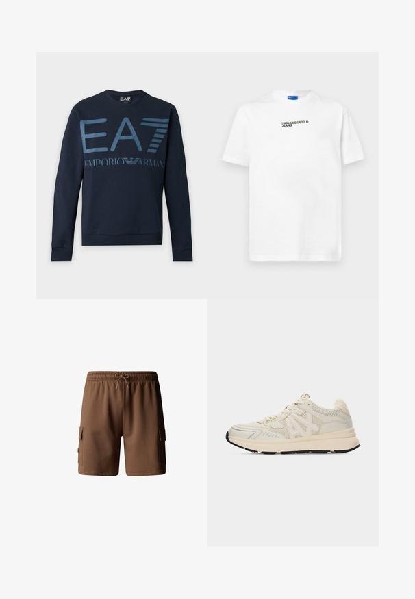 Marineblå langærmet sweatshirt med rund halsudskæring med stort lyseblåt "EA7" og "EMPORIO ARMANI" logo på tværs af brystet.; Hvid bomulds t-shirt med korte ærmer, prydet med en sort "Karl Lagerfeld Jeans" tryk i midten. Klassisk rund hals design.; Brune bomulds cargo shorts med elastisk talje, snøre lukning og to sidelommer. Glat tekstur og længde over knæene.; Beige og off-white atletiksko med mesh og ruskindspaneler, tyk polstret sål og snørelukning på ensfarvet baggrund.