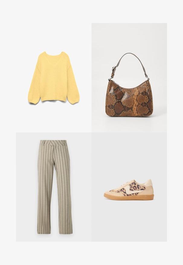 Weicher, pastellgelber Strickpullover mit V-Ausschnitt, langen Ballonärmeln sowie gerippten Bündchen und Saum.; Beige gestreifte Hochbundhose mit weit geschnittenem Bein aus leichtem Material, gerade Passform und seitlichen Taschen.; Löwenmuster-Sneaker mit beige Wildleder-Obermaterial, tanfarbener Gummisohle und weißen Akzenten. Runde Zehenform und Schnürdesign mit strukturiertem Finish.; Kleine Handtasche mit braunem und schwarzem Schlangenledermuster, kurzem verstellbarem Tragegurt und Reißverschluss.