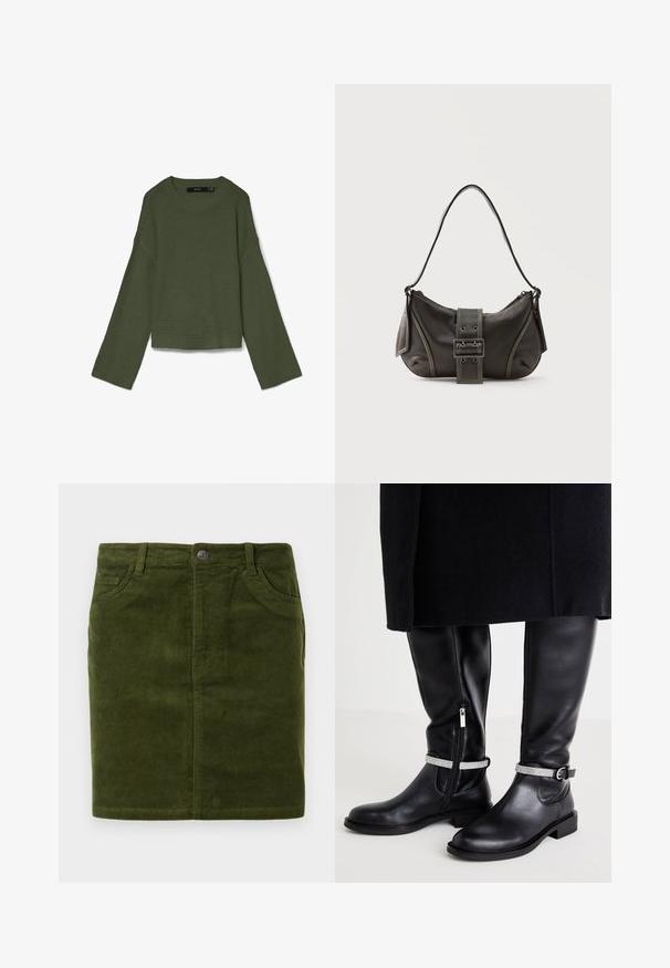 Pull en maille gaufrée vert olive avec manches longues larges, col rond et poignets et ourlet côtelés, posé à plat sur fond blanc.; Jupe en velours côtelé vert foncé à coupe droite, dotée d'un design à cinq poches et d'une fermeture à bouton en métal à la taille.; Bottes noires en cuir jusqu'au genou avec une fermeture éclair sur le côté, dotées d'une sangle accentuée en argent autour de la cheville et d'un petit talon.; Sac à épaule en cuir noir avec une sangle à boucle, des bords arrondis et des coutures blanches contrastées sur un fond uni.