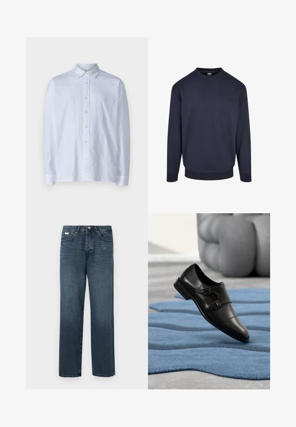 Navyblauwe katoen sweatshirt met een ronde halslijn, lange mouwen, ribbelmanchetten en een ribbelboord onderaan. Soepele textuur, geen patronen of accenten.; Witte button-up shirt van lichtgewicht stof, met een puntige kraag, lange mouwen en een rij gele knopen aan de voorkant.; Donkerblauwe denim jeans met een rechte pasvorm, vijf zakken, riemlussen en een ritsgulp. Glad textuur met subtiele vervagingdetails.; Zwarte leren schoen met dubbele gespen, puntige neus, gladde textuur, verhoogde zool, geplaatst op een blauw gestructureerd tapijt.