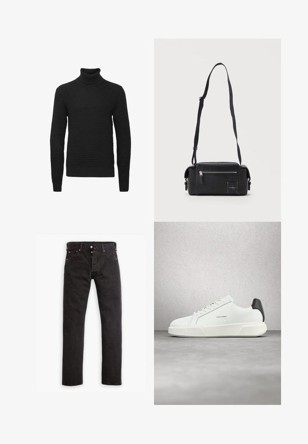 Schwarzer Rollkragensweater mit einem strukturierten, gestrickten Muster. Mit langen Ärmeln sowie gerippten Bündchen und Saum.; Schwarze Slim-Fit-Jeans mit Knopfverschluss, fünf Taschen und kupferfarbenen Nieten flach auf einem weißen Hintergrund ausgelegt.; Weiße Sneaker mit glattem Lederobermaterial, flachen Schnürsenkeln und erhöhter weißer Sohle. Verfügen über einen schwarzen Akzent an der Ferse und ein geprägtes Logo.; Schwarze rechteckige Crossbody-Tasche mit vorderer Reißverschlusstasche, verstellbarem Schulterriemen und kleinem Calvin Klein Logo-Patch.