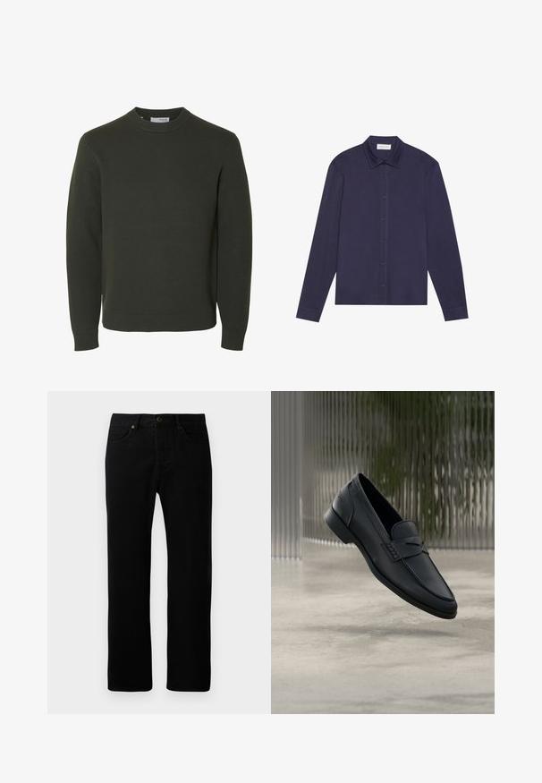 Donkergroene gebreide trui met ronde hals, lange mouwen en geribde boorden en zoom, weergegeven op een witte achtergrond.; Marineblauwe longsleeve shirt van een gladde stof, met een knopenlijst aan de voorkant, een puntige kraag en een iets ontspannen pasvorm.; Zwarte denim jeans met een rechte pijpdesign, vijf zakken, sluiting met voorknop en subtiele stikdetails.; Zwarte leren loafer met een gladde afwerking, puntige neus en gestikte details over de wreef. Lage hak en minimalistisch ontwerp.