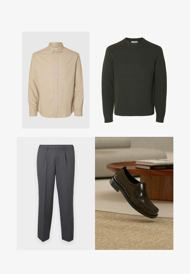 Mørkegrøn strikket sweater med rund hals, lange ærmer samt ribkant ved ærmeafslutninger og bund, vist på hvid baggrund.; Selected Flannel - Skjorter - pure cashmeredetail:mixed w. oatmeal; Mørkegrå formelle bukser med læg, bæltestropper, knaplukning og lige ben vist mod en ensfarvet hvid baggrund.; Sort læder slip-on loafersko svævende over et beige vævet tæppe med et træ sofabord og bøger i baggrunden.