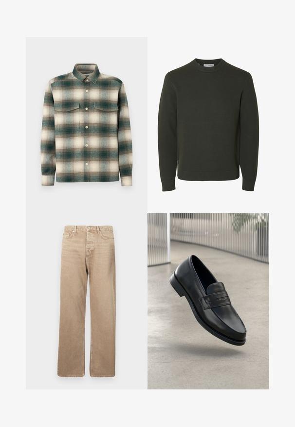Mørkegrøn strikket sweater med rund hals, lange ærmer samt ribkant ved ærmeafslutninger og bund, vist på hvid baggrund.; Rutig skjorte i nuancer af grøn, beige og brun. Fremstillet af tekstureret stof med knaplukning foran og to brystlommer.; Beige denimjeans med lige pasform, der har fem lommer, knaplukning og kontrasterende syninger. Glat tekstur og minimal slid.; Sort lædersko med glat tekstur, spids tå og en dekorativ rem over vristen. Letvægts sål, minimalistisk design.