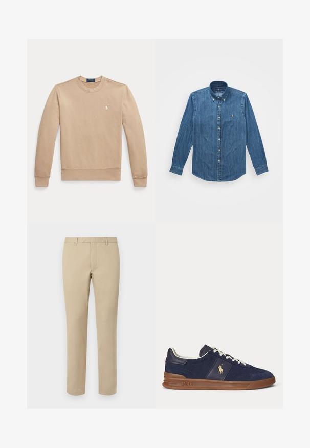 Beige lange mouw crewneck trui met geribbelde boorden en zoom, met een klein wit geborduurd Polo Ralph Lauren-logo op de borst.; Denim overhemd met lange mouwen, knoopsluiting kraag en een subtiel verticaal streepjespatroon, in een middelblauwe kleur met een logoaccent.; Beige katoenen broek met een rechte snit, voorzien van riemlussen, een platte voorkant en op maat gemaakte zoom. Glad textuur en minimale details.; Marineblauwe lage sneaker met witte veters, bruine zool en Polo-spelerlogo aan de zijkant, gezien van links.