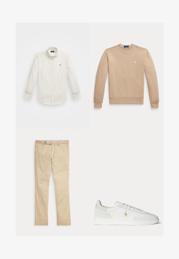 Beigefarbener Sweatshirt mit langen Ärmeln und Rundhalsausschnitt, mit gerippten Bündchen und Saum, mit kleinem weiß gesticktem Polo Ralph Lauren-Logo auf der Brust.; Weißes Langarmhemd aus Baumwolle, mit Button-Down-Kragen, einer einzelnen Brusttasche und einem kleinen navy Logo auf der linken Seite.; Beige gerade Hose mit Gürtelschlaufen und einem vorderen Reißverschluss, flach auf weißem Hintergrund gelegt.; Weißer Sneaker in niedriger Ausführung mit Schnürdesign, goldenem Polo Ralph Lauren Logo an der Seite und strukturierter Sohle auf einfarbigem Hintergrund.