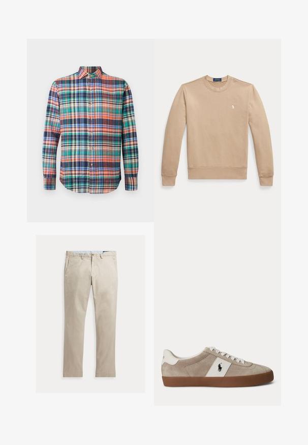 Beige lange mouw crewneck trui met geribbelde boorden en zoom, met een klein wit geborduurd Polo Ralph Lauren-logo op de borst.; Langsleeve button-up shirt met een meerkleurig geruit patroon in oranje, groen, blauw, marineblauw en crème op een effen achtergrond.; Beige katoenen broek met rechte pijpen, voorzakken, riemlussen, knoopsluiting en ritssluiting, plat liggend op een witte achtergrond.; Beige suède lage sneaker met witte veters, wit lederen accent met zwart paardenlogo en een bruine rubberen zool.