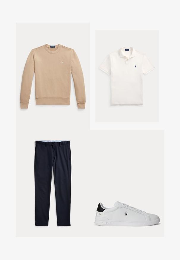 Beige lange mouw crewneck trui met geribbelde boorden en zoom, met een klein wit geborduurd Polo Ralph Lauren-logo op de borst.; Witte polo met korte mouwen, kraag en twee knopen, met een klein donkerblauw Ralph Lauren-logo op de linkerborst.; Donkerblauwe herenkleedbroek met ceintuurlussen, ritssluiting en zijzakken, plat gelegd op een witte achtergrond.; Witte lage sneaker met zwarte hieltab, veters en Polo Ralph Lauren-logo aan de zijkant, met gegraveerde zooldetails.
