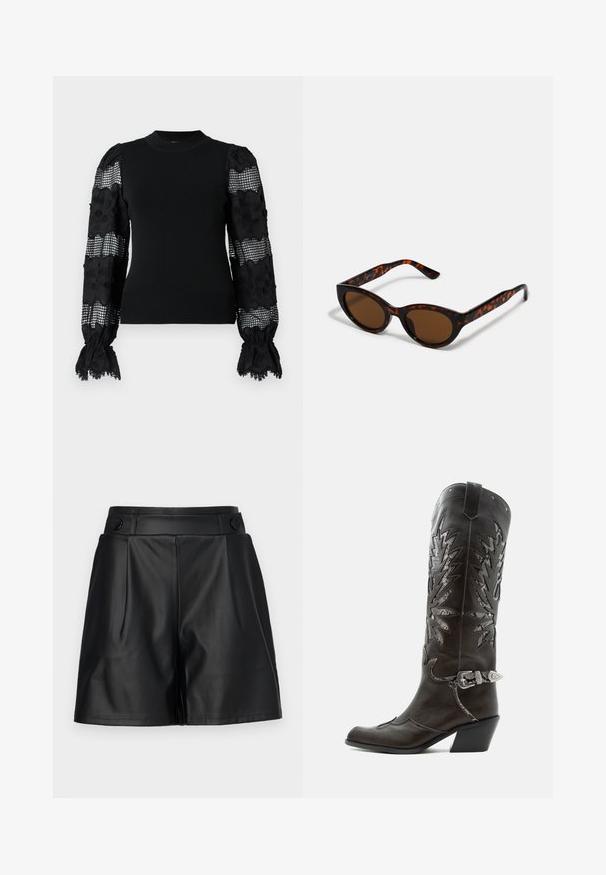 Pull noir avec corps ajusté. Les manches bouffantes présentent une dentelle transparente avec des motifs floraux et un design à carreaux. Col et poignets côtelés.; Shorts en simili cuir noir avec un devant plissé, des jambes larges et des détails en boutons sur la taille. Texture lisse, design soigné.; Botte de cowboy en cuir noir avec découpes décoratives, boucle argentée et talon incliné, présentée sur fond blanc.; Lunettes de soleil en écaille de tortue marron avec une forme vintage de lunettes cat-eye et des verres marron. Présente des branches courbées avec des accents rouges.