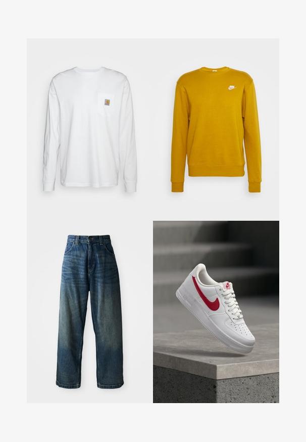 Nike Sportswear CRW - Jersey con capucha - bronzine; Camisa blanca de manga larga hecha de algodón, con un bolsillo en el pecho que lleva un parche de logo cuadrado. Diseño sencillo con escote redondeado y mangas con puños.; Jeans de mezclilla azul de pierna ancha con un acabado desgastado. Presenta cinco bolsillos, un cierre de botón y costuras en contraste. Tejido pesado.; Zapatilla blanca Nike Air Force 1 con logo rojo swoosh, flotando sobre un saliente de concreto y escaleras al fondo.