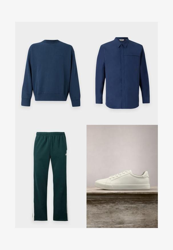 Sudadera de cuello redondo de manga larga en azul marino, con puños y dobladillo acanalados, que presenta un sutil logo de la marca bordado en el lado izquierdo del pecho.; Camisa de manga larga de color navy con cuello abotonado, un bolsillo en el pecho y una textura limpia y suave. Presenta un pequeño logotipo en el bolsillo.; Pantalones deportivos verde oscuro con cintura elástica y rayas blancas que recorren los lados externos de las piernas.; Zapatilla blanca con cordones flotando sobre un banco de madera con follaje verde al fondo, mostrando el diseño y la textura del zapato.