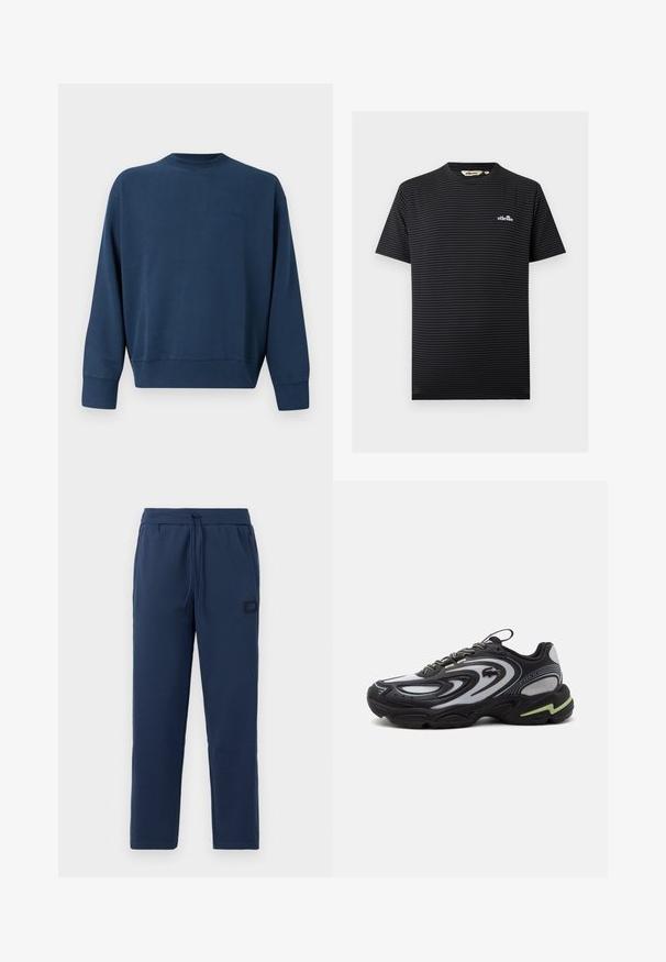 Marineblaues langärmliges Rundhals-Sweatshirt mit gerippten Bündchen und Saum, mit dezent gesticktem Markenlogo auf der linken Brustseite.; Schwarz-grau gestreiftes T-Shirt mit kurzen Ärmeln, kleinem weißem Ellesse-Logo auf der linken Brust und Rundhalsausschnitt.; Navyblaue Jogginghosen aus einem weichen Baumwollmix, mit einem elastischen Bund und Kordelzug sowie einem kleinen Markenpatch an der Hüfte.; Schwarzer und grauer Lacoste Storm 2K Sneaker mit Wellenmustern, Schnürdesign und einer dicken Sohle mit hellgrünem Akzent.