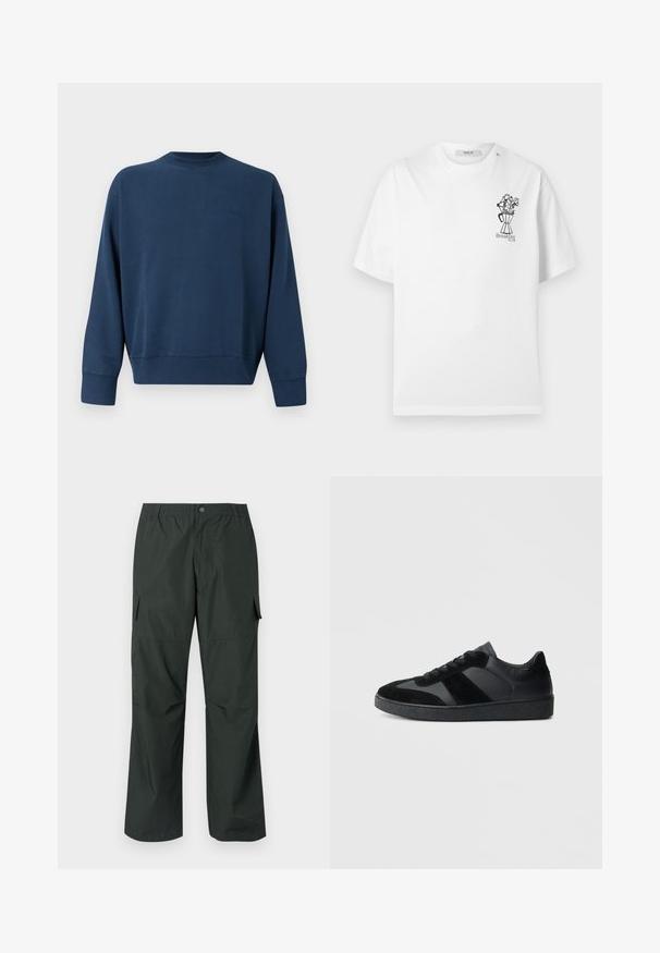 Mørkeblå langærmet crewneck sweatshirt med ribbede manchetter og kant, prydet med et diskret broderet brandlogo på venstre side af brystet.; Hvid T-shirt med korte ærmer med lille sort stregtegning af en kaffekande, der holder blomster, og teksten "Breakfast Klub" på venstre bryst.; Mørkegrøn cargo bukser med en afslappet pasform, elastisk talje, sydde lommer og en glat, let stofstruktur.; Sorte sneakers med en kombination af glat læder og ruskind, med en tekstureret sort gummisål og subtil stripingdetalje.
