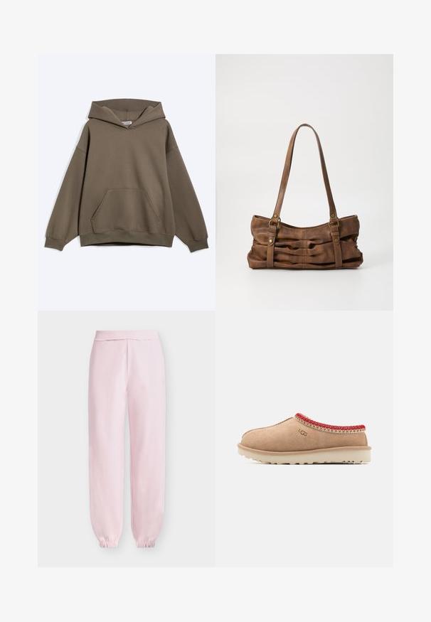 Sweat à capuche marron oversize avec poche kangourou à l'avant et poignets côtelés, présenté sur un fond clair uni.; Pantalon de jogging rose clair avec taille élastique et poignets élastiques, fait en tissu doux, présenté sur un fond blanc uni.; Chaussure slip-on en daim beige avec des accents tissés rouges autour du col, semelle texturée et léger amorti pour le confort.; Even&Odd Sac à main - brown