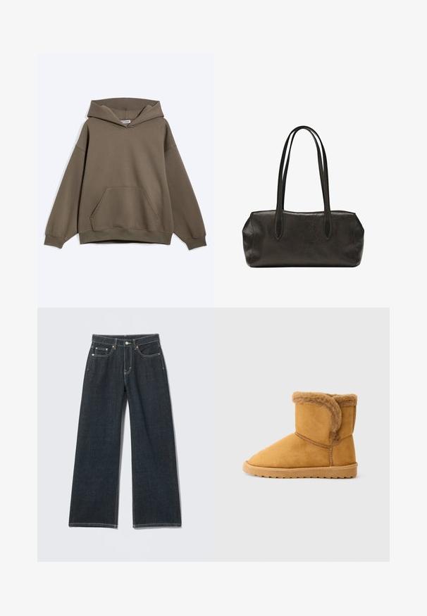 Brun oversized hættetrøje med foran kængurulomme og ribstrikkede ærmeafslutninger, vist på en ensartet lys baggrund.; Mørkeblå jeans med vide ben, foran med knapper, lynlås, bæltestropper og fem-lomme detalje på en ensfarvet lys baggrund.; Sennepsfarvet suede ankelstøvle med blødt pelsfore, der er foldet over toppen, og en ribbet gummisål.; Sort lædertaske i rektangulær form med lange dobbelte skulderremme og en struktureret overflade, vist mod en ensfarvet hvid baggrund.