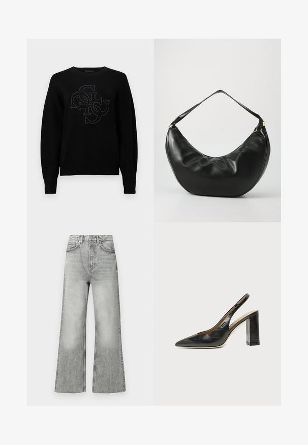 Pull noir en tissu doux avec un col rond, arborant un logo central délimité par de petits clous, et des poignets côtelés.; Jean en denim gris évasé avec une taille haute, une finition délavée, cinq poches et des passants pour ceinture. Détails de coutures le long des coutures.; Chaussure slingback en cuir noir à bout pointu avec un talon bloc haut et une doublure intérieure beige sur un fond clair uni.; Sac à épaule en cuir noir, de forme courbée, avec une texture douce et une seule sangle; il comporte une fermeture éclair dorée et un logo discret.