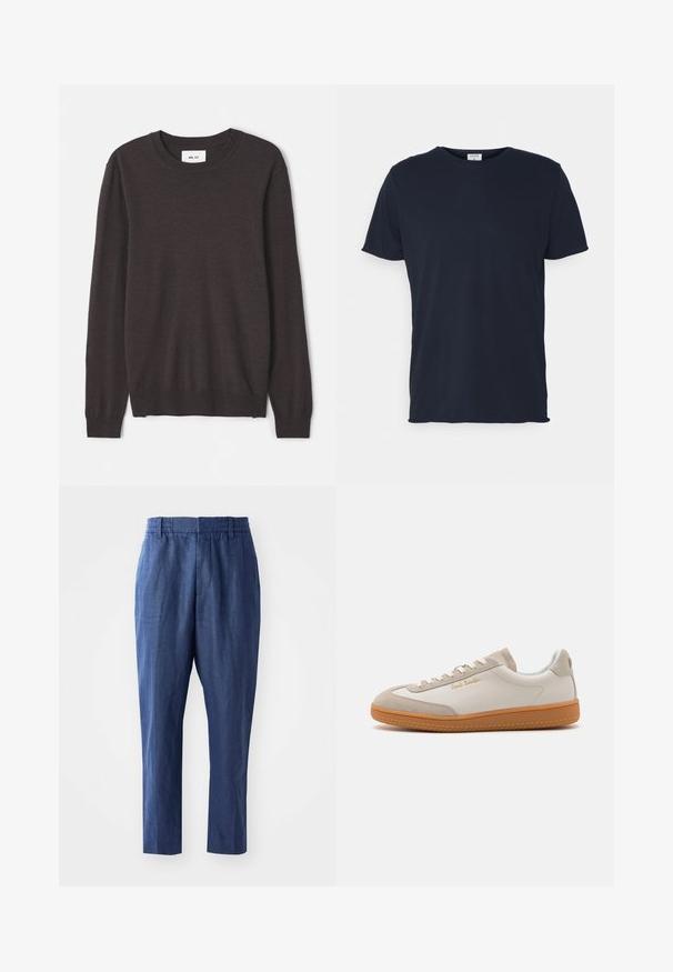 Pull en tricot marron foncé avec un col rond, des manches longues, des poignets et un ourlet côtelés, une texture lisse, et une étiquette de marque minimaliste.; T-shirt en coton bleu marine avec un col rond et des manches courtes, présentant une texture lisse et un design simple, sans motifs ni accents visibles.; Pantalons en lin bleu marine avec une coupe décontractée, une taille élastique et des jambes fuselées. Caractérisés par une texture lisse et des détails de couture minimaux.; Baskets basses blanches et beiges avec semelle en caoutchouc, lacets blancs, détails en daim et logo doré "Paul Smith" sur le côté.