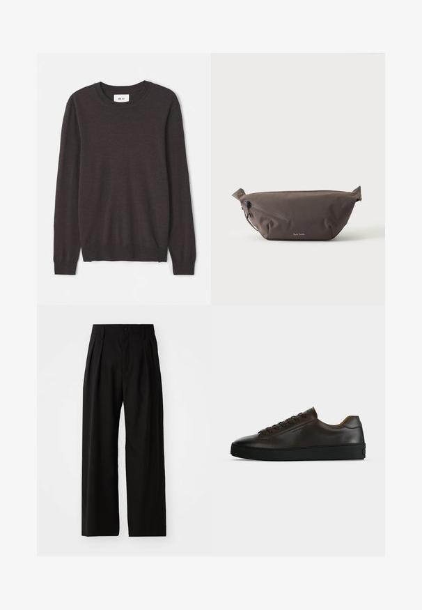 Pull en tricot marron foncé avec un col rond, des manches longues, des poignets et un ourlet côtelés, une texture lisse, et une étiquette de marque minimaliste.; Pantalons larges noirs avec une texture lisse, dotés de deux plis avant, d'une fermeture à bouton et de poches latérales. Tissu durable.; Baskets basses en cuir marron foncé avec semelle en caoutchouc noire, lacets à l'avant et design minimaliste épuré sur fond clair.; Sac banane en tissu marron foncé avec poche zippée en diagonale et petit logo blanc sur le devant, sur un fond clair uni.