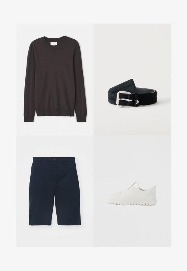 Pull en tricot marron foncé avec un col rond, des manches longues, des poignets et un ourlet côtelés, une texture lisse, et une étiquette de marque minimaliste.; Shorts bleu marine en coton avec une taille plate, une fermeture à bouton et des poches latérales. Longueur genou avec une texture lisse et des coutures nettes.; Baskets en cuir blanc avec un bout arrondi, un design minimaliste et une semelle en caoutchouc texturée avec des rainures verticales. Fermeture à lacets.; Ceinture en daim noir avec boucle rectangulaire argentée et un petit logo métallique triangulaire près de la boucle, roulée sur un fond blanc.