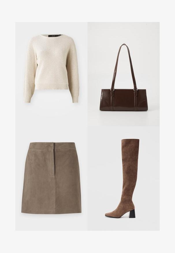 Lys beige strikket sweater med en tekstureret overflade, rund halsudskæring og lange ærmer. Har ribbet kant og manchetter, afslappet pasform.; Taupe knælang ruskindsnederdel med lige pasform og skjulte sømdetaljer foran mod en ensfarvet baggrund.; Brune støvler over knæet lavet af blødt ruskind med spids tå og en kraftig sort hæl. Designet har sømløs syning for et elegant udseende.; Brun lakeret håndtaske med rektangulær form, to lange håndtag og subtile buede detaljer på fronten.
