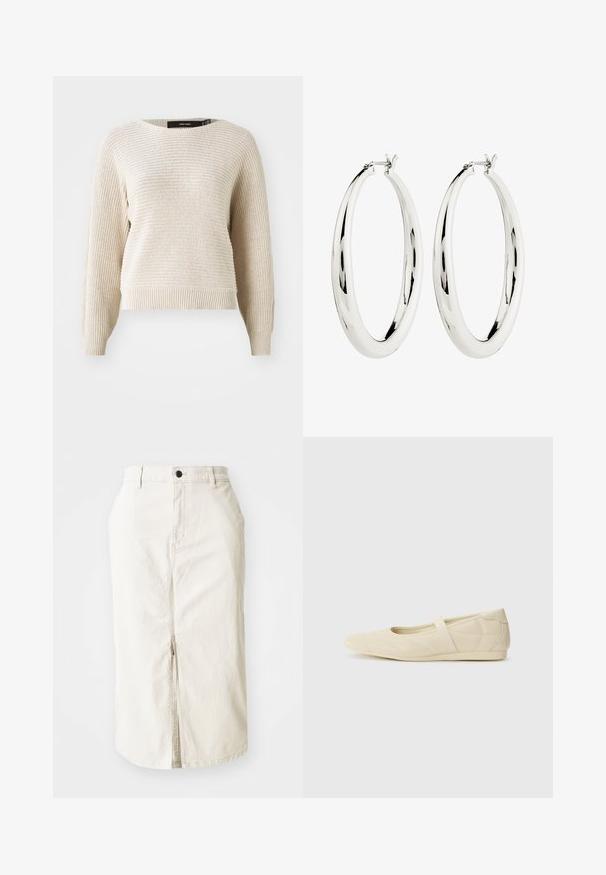 Suéter de punto beige claro con un acabado texturizado, cuello redondo y mangas largas. Presenta un dobladillo y puños acanalados, con un ajuste holgado.; Falda midi de algodón beige con abertura delantera, cierre con botón superior y sin bolsillos visibles. Cintura plana y textura suave.; Bailarinas beige con un exterior de cuero liso, punta en forma de almendra y una correa elástica en el empeine, con detalles de costura sutiles.; Pendientes de aro de plata con una superficie lisa y reflectante. Forma redonda y grande con un cierre seguro en la parte superior. El acabado pulido resalta el brillo.