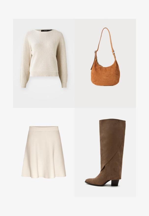 Lys beige strikket sweater med en tekstureret overflade, rund halsudskæring og lange ærmer. Har ribbet kant og manchetter, afslappet pasform.; En udvidet, beige nederdel lavet af blødt stof med en glat tekstur, der har et bredt taljebånd og en knælængde.; Brun ruskind knehøj støvle med en foldet detalje og en mellemhøj blokhæl, vist fra siden på en hvid baggrund.; Tan ruskinds skuldertaske med buet design, justerbar rem, metallynlås og præget logo-detail på forsiden.