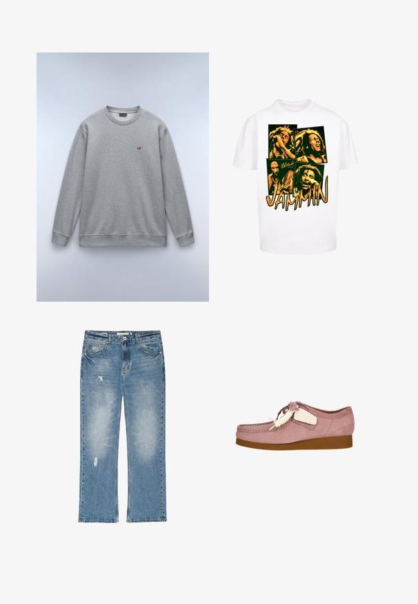 Grijze sweatshirt gemaakt van zachte stof, met een ronde hals, lange mouwen en een klein Noors vlagdetail op de borst.; Witte katoenen t-shirt met een grafische print met vier afbeeldingen van een muzikant tegen een donkergroene achtergrond, met "JAMMIN'" in oranje letters.; Lichtblauwe rechte spijkerbroek met versleten details en vervaging, voorzien van voorzakken en een knoopsluiting.; Lichtroze suède schoen met een ronde neus, vetersluiting en een crèmekleurig accentlabel. Voorzien van een tan rubberen zool voor extra grip.
