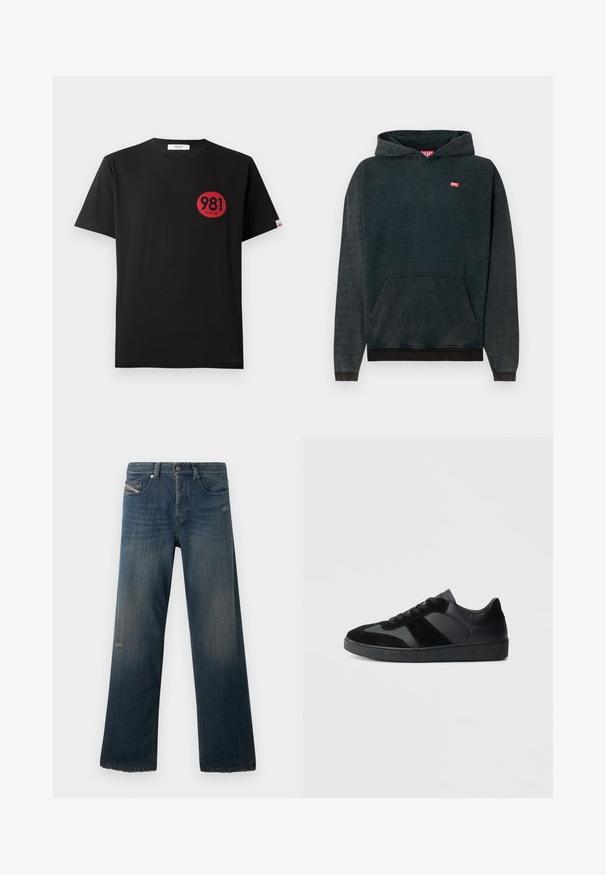 Donkerblauwe hoodie van zachte stof, met een voorzak in kangoeroestijl, ribgebreide manchetten en een klein rood "DIESEL"-logo op de borst.; Zwarte katoenen t-shirt met korte mouwen, uitgerust met een rode cirkelafdruk waarop de nummers "981" en het woord "REPLAY" staan.; Blauwe denim jeans met een rechte pijp, vervaagde textuur, rafelige zoom en beschadigde details op de voorkant van de zak en de dij.; Zwarte sneakers met een mix van glad leer en suède, een gestructureerde zwarte rubberen zool en subtiele streepdetails.