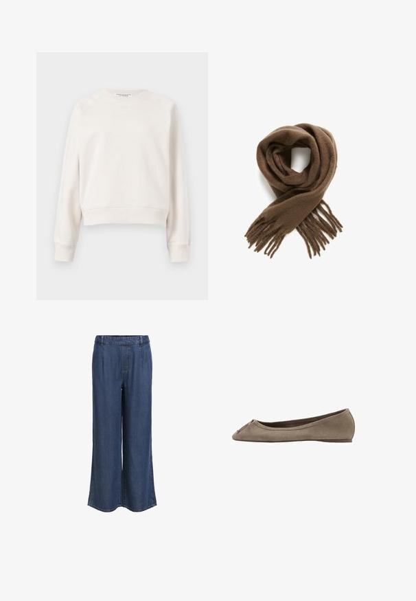 Sweat-shirt blanc cassé à manches longues avec col ras du cou, poignets et ourlet côtelés, présenté sur un fond uni.; Pantalon en denim bleu foncé à jambe droite avec une taille élastique et des passants de ceinture, sans poches visibles, présenté sur un fond blanc.; Ballerine en daim taupe à bout pointu avec un petit nœud décoratif et une semelle fine et plate.; Écharpe en laine marron douce, légèrement pliée avec des extrémités à franges sur fond blanc.