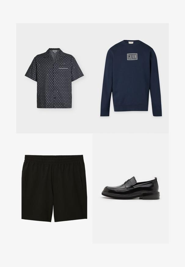 Sweat-shirt bleu marine à manches longues avec encolure ronde et un logo rectangulaire gris portant la mention "CALVIN" sur la poitrine.; Chemise noire à manches courtes avec boutons, petit motif géométrique blanc, col camp et détail de poche poitrine.; Shorts noirs à taille élastique avec poches latérales, longueur genou, style décontracté.; Calvin Klein MOCCASIN - Mocassins de ville - black